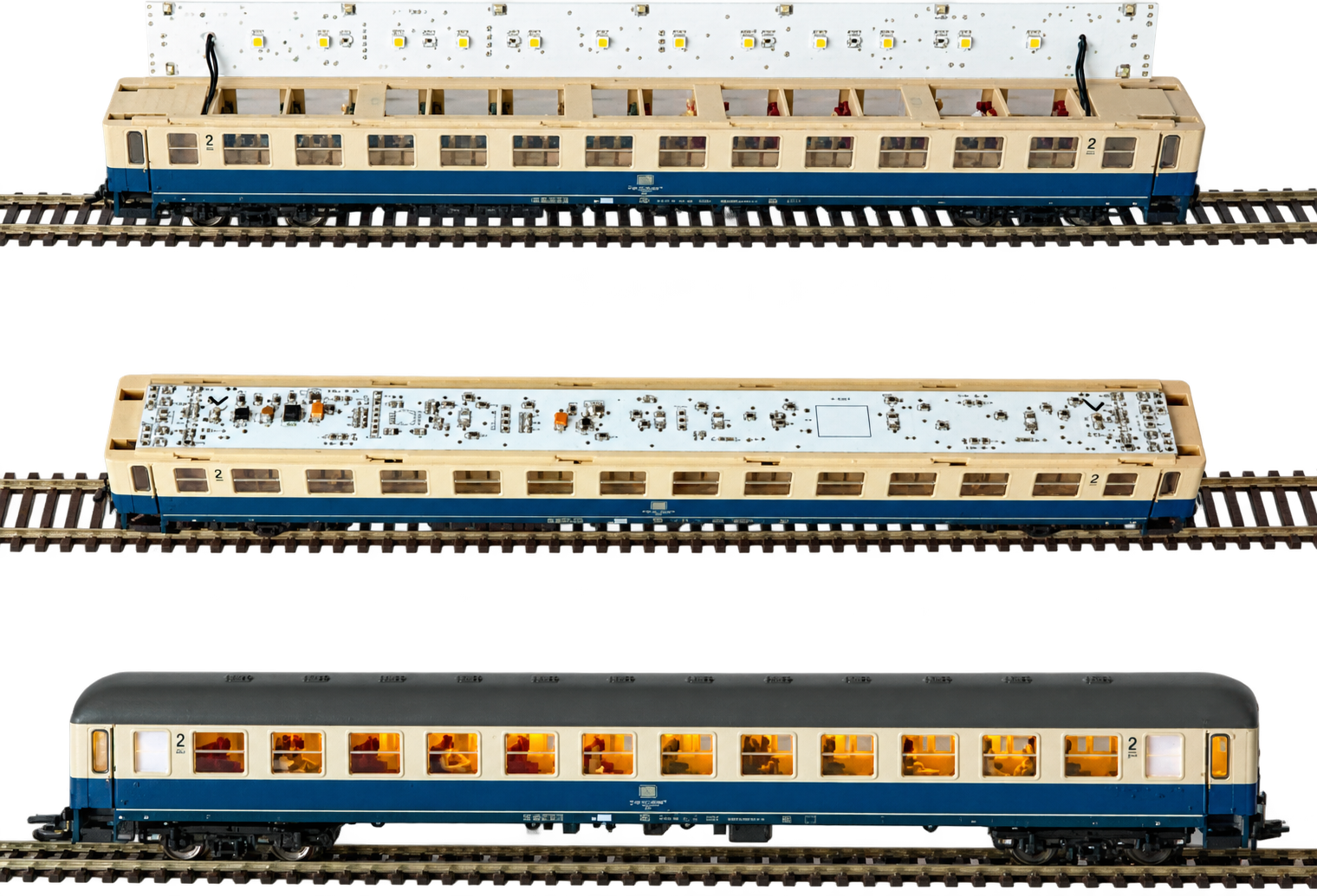 LED model railway interior lighting for Roco 303 mm compartment coaches